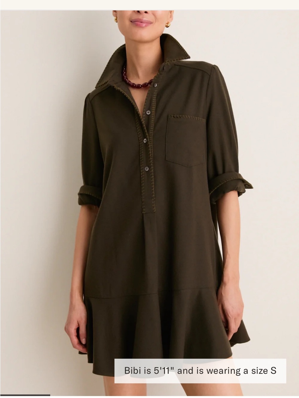 Tuckernuck Women's Dark Olive Whipstitched Brushed Wool Callahan Shirt Dress - M